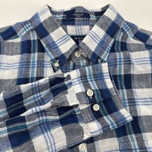 GANT‎ Button Down Size Large Mens Linen Plaid Madras Shirt Blue & White Fitted